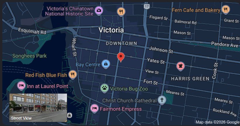 Map of downtown Victoria showing the N48 office at 1207 Douglas Street