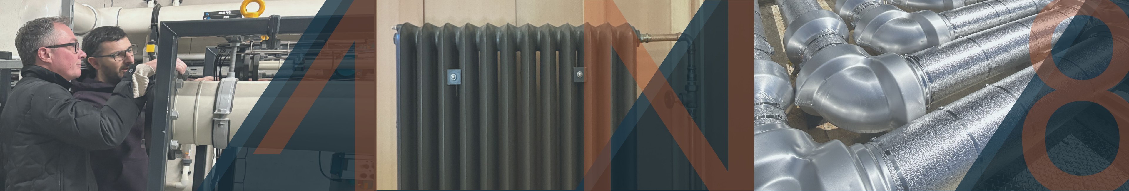 N48 engineers at work: commissioning, a cast-iron radiator, and mechanical ductwork